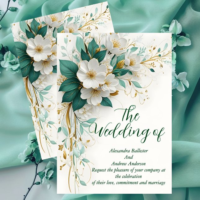 Elegant Bröllop Gröna Vita Guld Blommor Inbjudningar (Skapare uppladdad)
