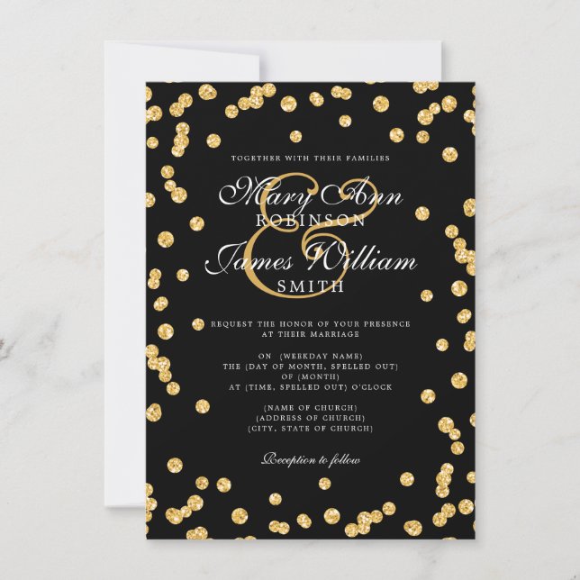 Elegant bröllop Guld Glitter Konfetti Black Inbjudningar (Framsida)