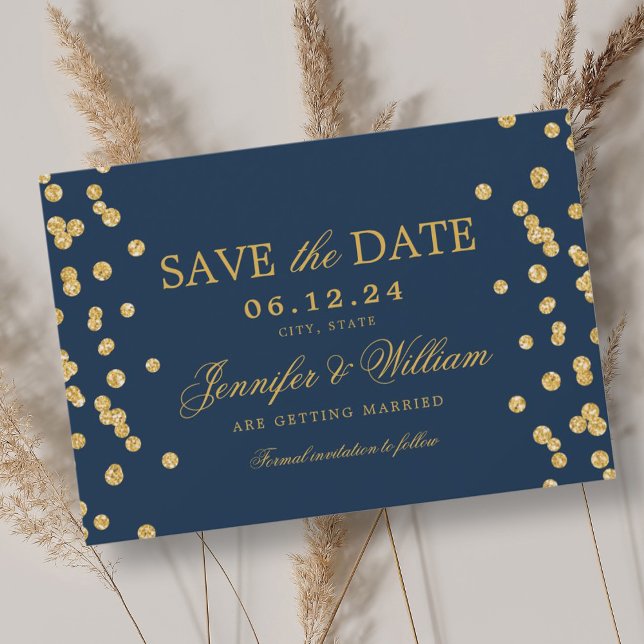 Elegant Bröllop Guld Konfetti Navy Blue Spara Datumet (Elegant Script Wedding Gold Confetti Navy Blue Save The Date)