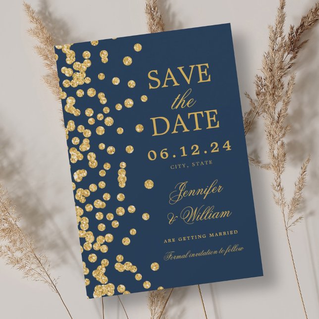 Elegant Bröllop Guld Konfetti Navy Blue Spara Datumet (Elegant Script Wedding Gold Confetti Navy Blue Save The Date)