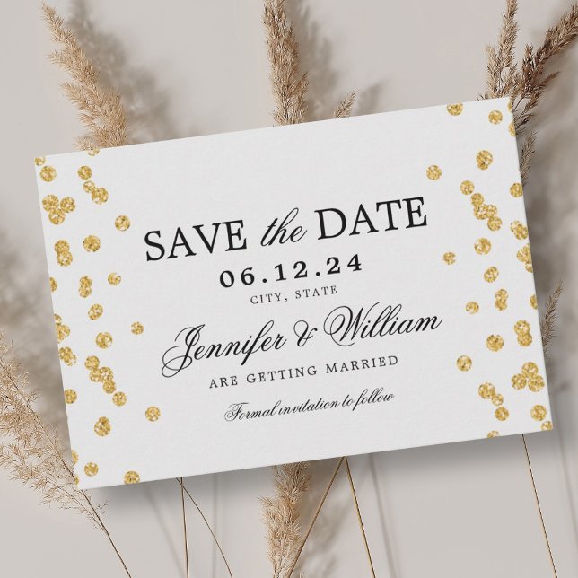 Elegant Bröllop Guld-konfetti Spara Datumet (Elegant Script Wedding Gold Confetti Save The Date)