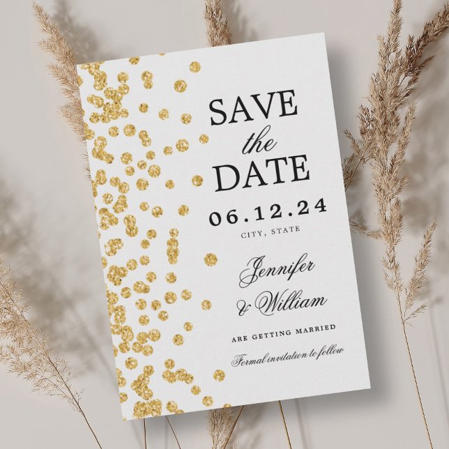 Elegant Bröllop Guld-konfetti Spara Datumet (Elegant Script Wedding Gold Confetti Save The Date)