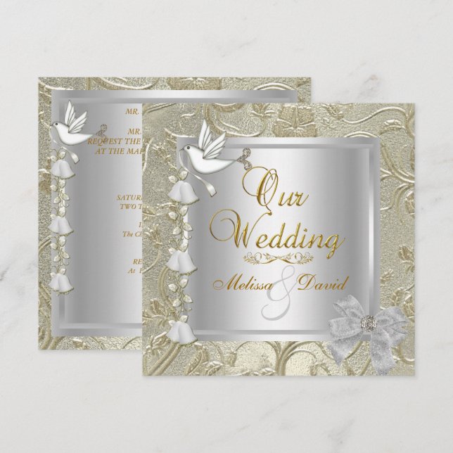 Elegant Bröllop Guld Silver Vitt Duvor Damast Inbjudningar (Fram/baksida)