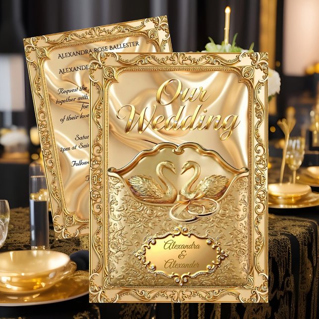 Elegant Bröllop Guld Svanar Ringar Guld Diamanter Inbjudningar (Skapare uppladdad)