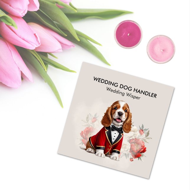 Elegant bröllop Hund Handler med Bröllopsbuketter Fyrkantigt Visitkort (Elegant Wedding Dog Handler With Wedding Flowers Square Business Card)