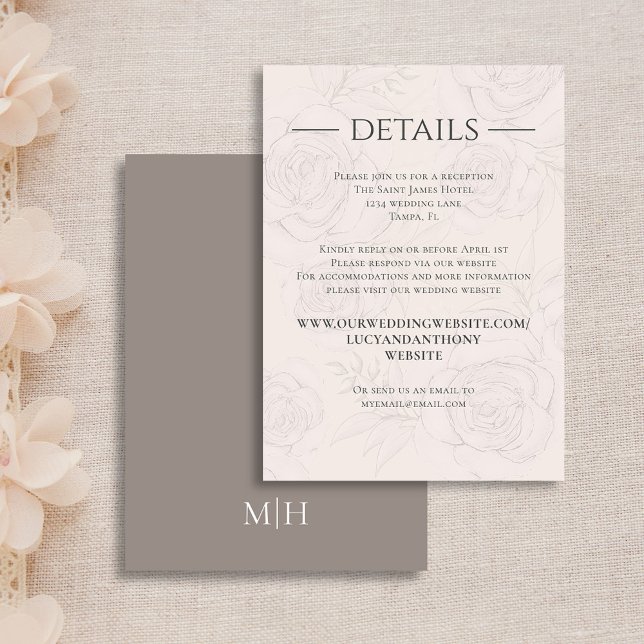 Elegant bröllop Information om  Blommigt Greenery Tilläggskort (Simple Wedding details card with elegant floral blush and taupe backgrounds)