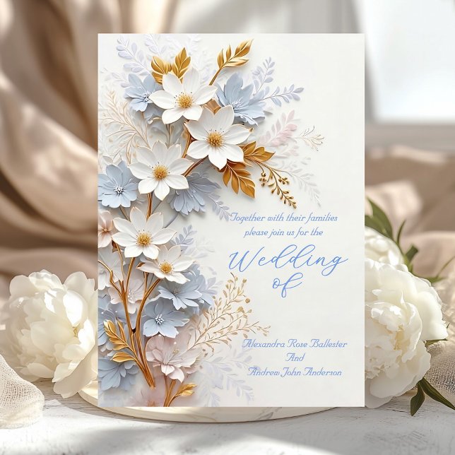 Elegant bröllop Kornblå vit guld blommor Inbjudningar (Skapare uppladdad)