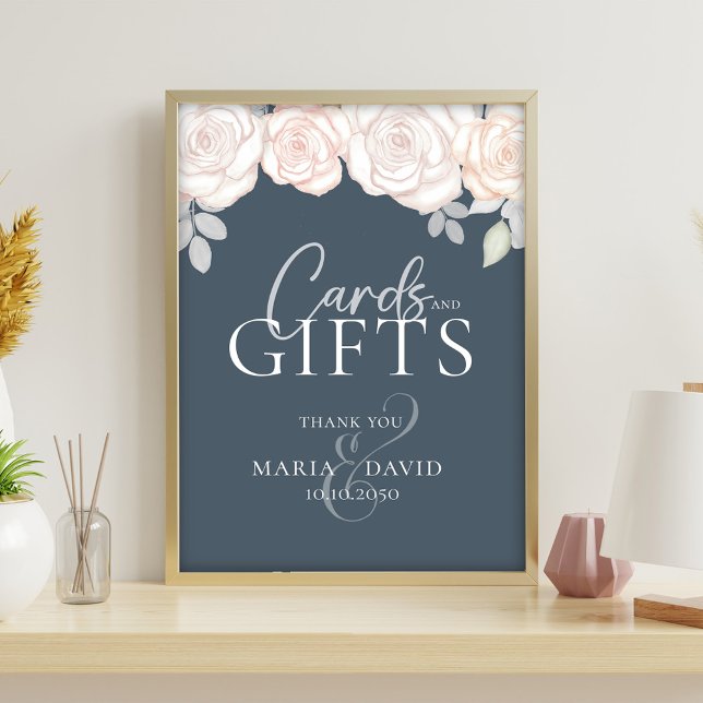 Elegant bröllop-kort och presentkort - Grått Reklamblad (Dusty blue cards and gifts wedding sign with blush watercolor roses and elegant script.)
