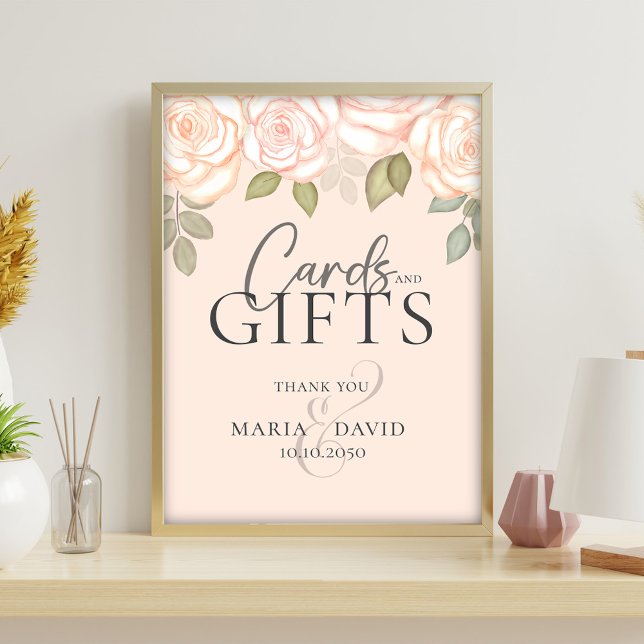 Elegant bröllop-kort och presentkort - skriv koral reklamblad (Blush floral cards and gifts wedding sign with soft watercolor roses and elegant script design.)