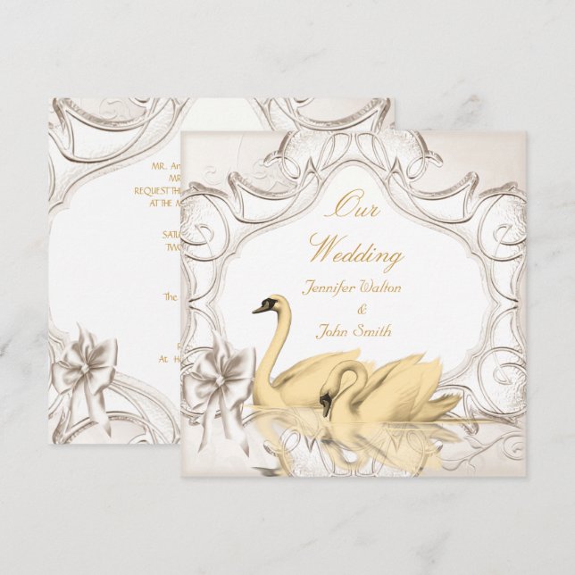 Elegant Bröllop Kräm Guld Vita Svanar Bouquet Set Inbjudningar (Fram/baksida)