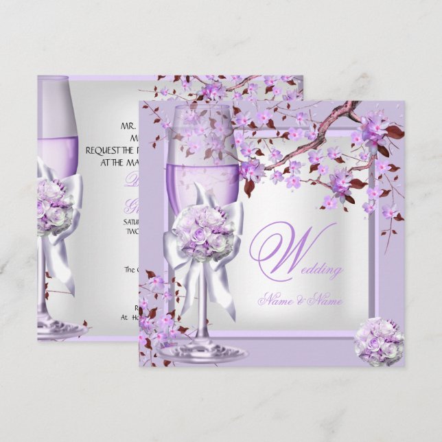 Elegant Bröllop Lavendel Lila Syren 4b Inbjudningar (Fram/baksida)