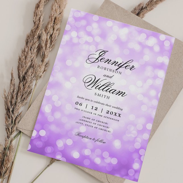 Elegant bröllop Ljus Vintage Lila  QR OSA Inbjudningar (Elegant Wedding Lights Vintage Purple QR RSVP Invitation)