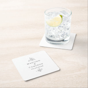 Elegant bröllop Löv Namn & Date Black White Underlägg Papper Kvadrat