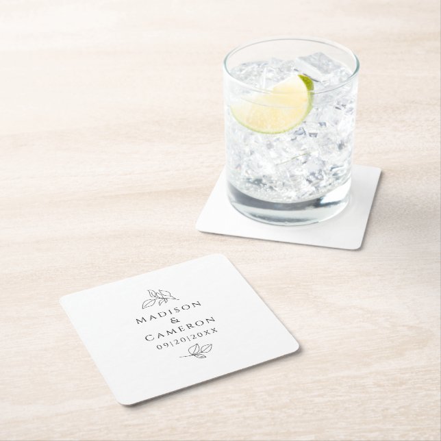 Elegant bröllop Löv Namn & Date Black White Underlägg Papper Kvadrat (Insitu)
