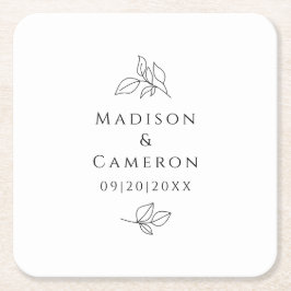 Elegant bröllop Löv Namn & Date Black White Underlägg Papper Kvadrat