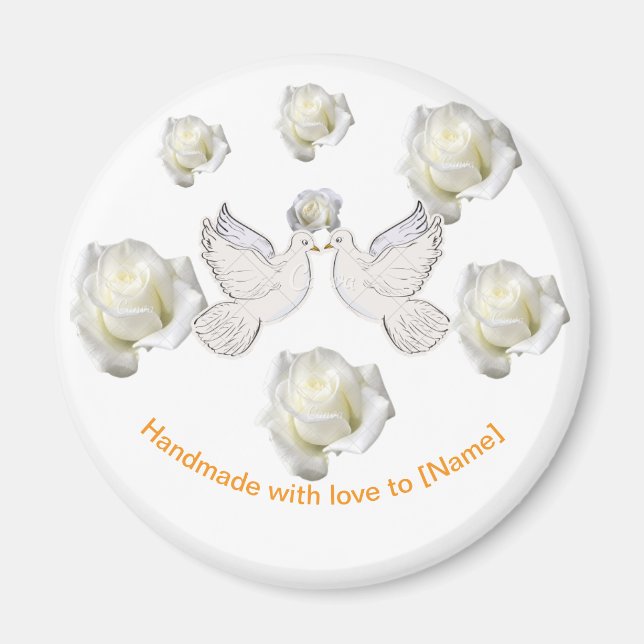 Elegant bröllop Magnet med Doves och Vit ros (Framsidan)