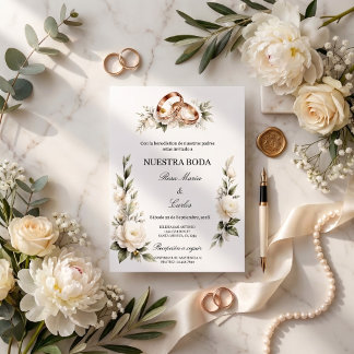 Elegant Bröllop med Gyllene Ringar och Vita Blommo Inbjudningar