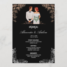 Elegant bröllop med mörka blommor meny
