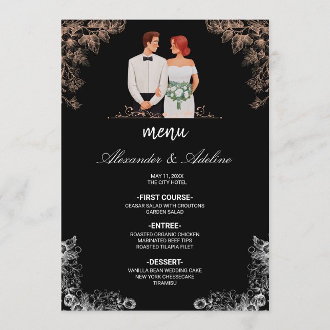 Elegant bröllop med mörka blommor  meny (Framsida)