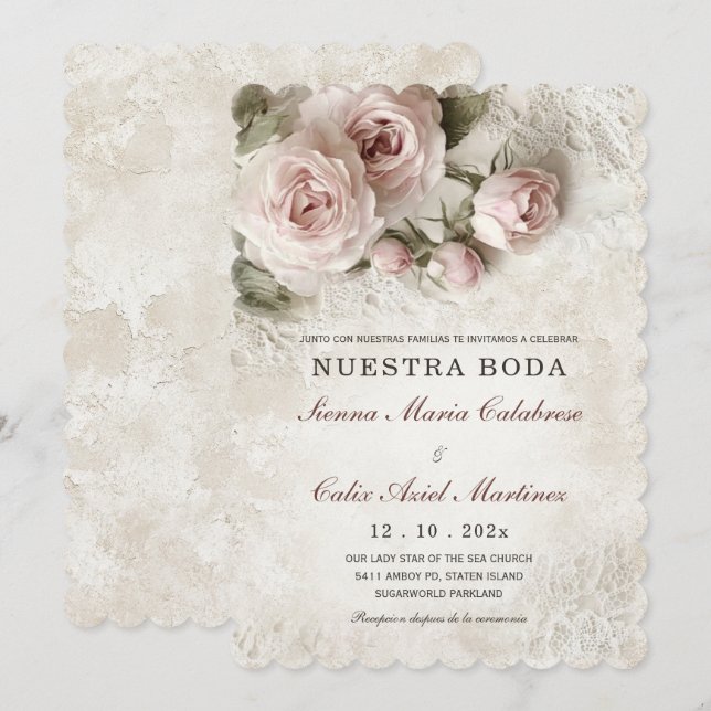 Elegant bröllop med pastellrosa blommor inbjudan (Fram/baksida)