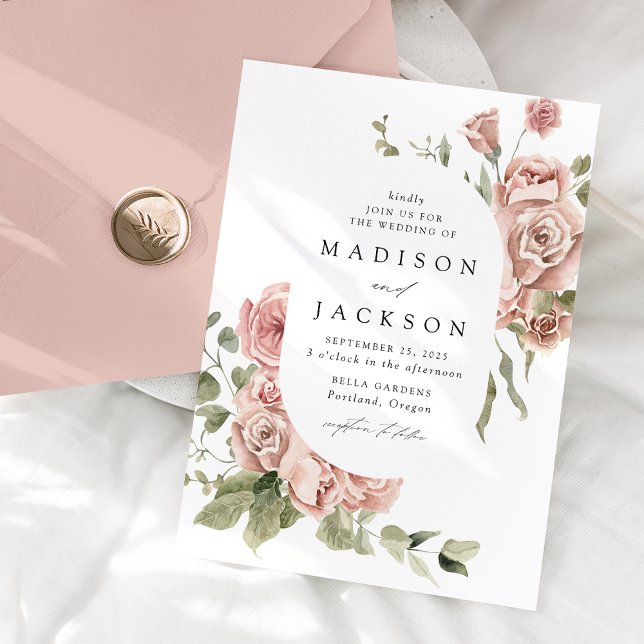 Elegant Bröllop med Rosor i Rosaton och Grönska Inbjudningar (Skapare uppladdad)
