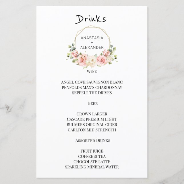 Elegant bröllop MENU-drycker. (Framsida)