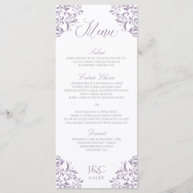 Elegant bröllop Menus | Nadine (Lavender) Meny (Framsida)