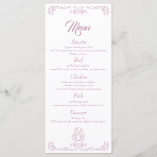 Elegant bröllop Middag Menu - Rosa ros Filigree Meny