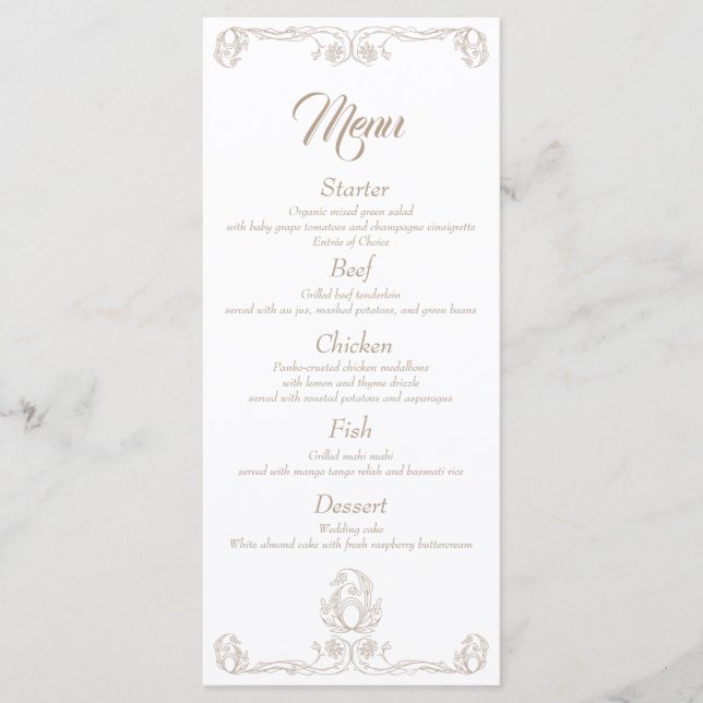 Elegant bröllop Middag Menu - Syd Ro Filigree Meny (Framsida)