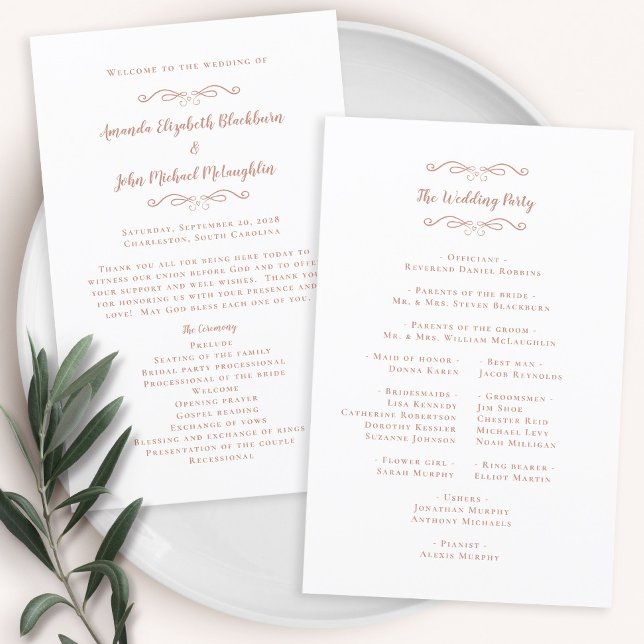 Elegant Bröllop Modern Ceremoni Roséguld Program (Elegant Wedding Modern Ceremony Rose Gold Program)