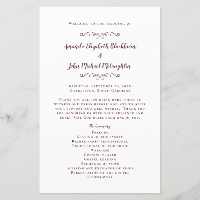 Elegant bröllop Modern Ceremony Burgundy-programme (Framsida)