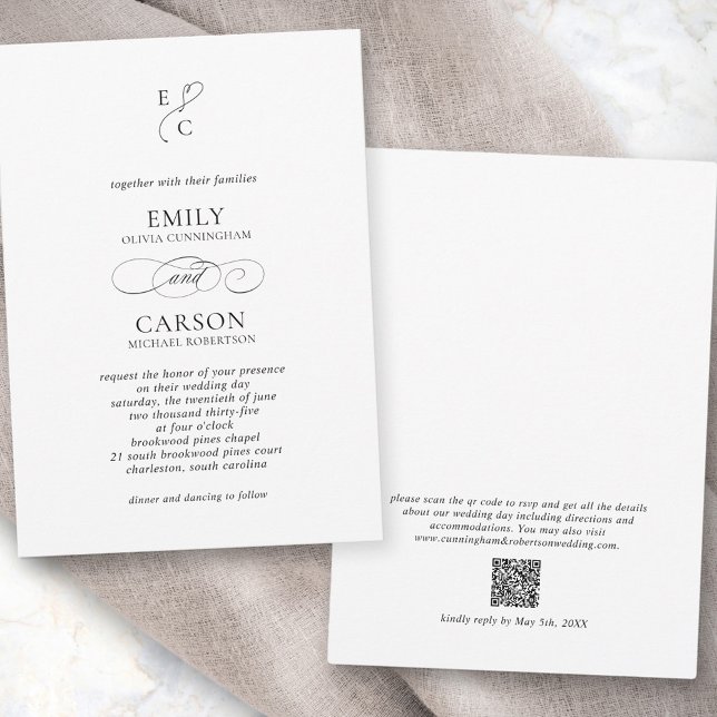 Elegant Bröllop Modernt Monogram Logotyp QR-kod Inbjudningar (Elegant Wedding Modern Monogram Logo QR Code Invitation)