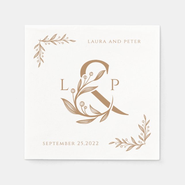 Elegant bröllop monogram med blommigt ampersand pappersservett (Framsidan)