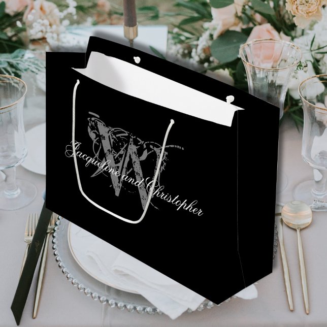 Elegant bröllop, Monogram, Namn, Svartvit (For an Elegant Wedding - Personalized Monogram plus Names, Black, White & Gray Large Gift bag.)