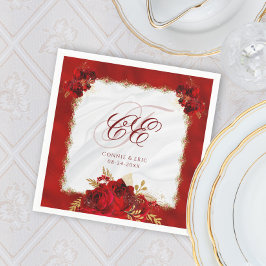 Elegant bröllop Monogram Red Guld Blommigt Pappersservett