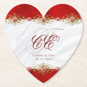 Elegant bröllop Monogram Red Guld Blommigt Underlägg Papper