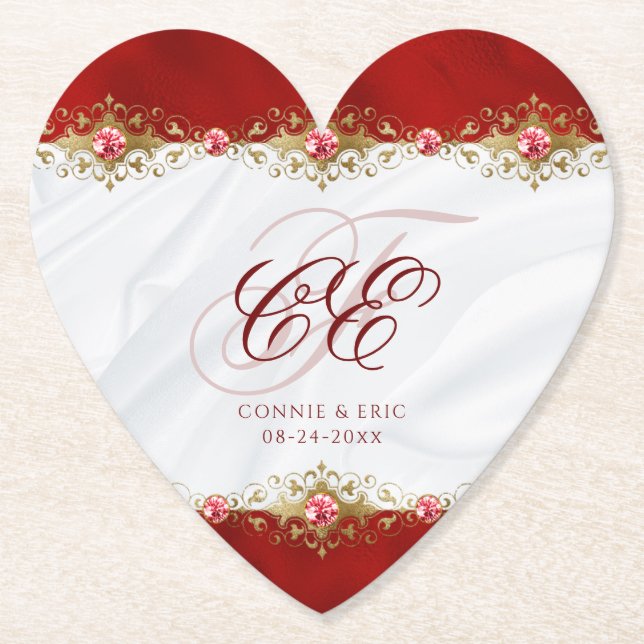 Elegant bröllop Monogram Red Guld Blommigt Underlägg Papper (Framsida)