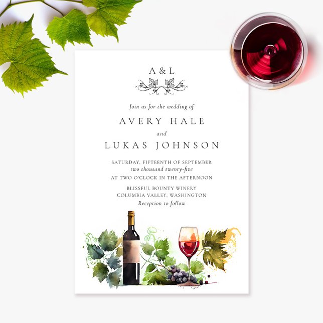 Elegant bröllop Monogram Watercolor Winery Inbjudningar (Skapare uppladdad)