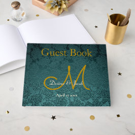 Elegant Bröllop Mörk Teal Guld Svart Monogram Gästböcker