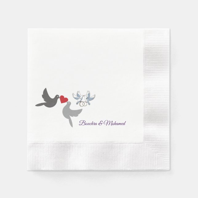 Elegant bröllop Napkin med Kärlek Doves och Ringar Pappersservett (Framsidan)