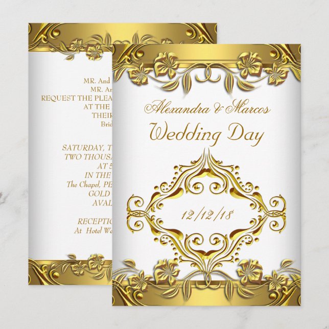 Elegant Bröllop Ornamentalt Blommigt Vitt Guld 2 Inbjudningar (Fram/baksida)