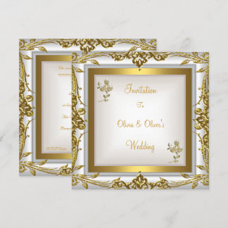 Elegant Bröllop Ornamentalt Blommigt Vitt Guld Inbjudningar