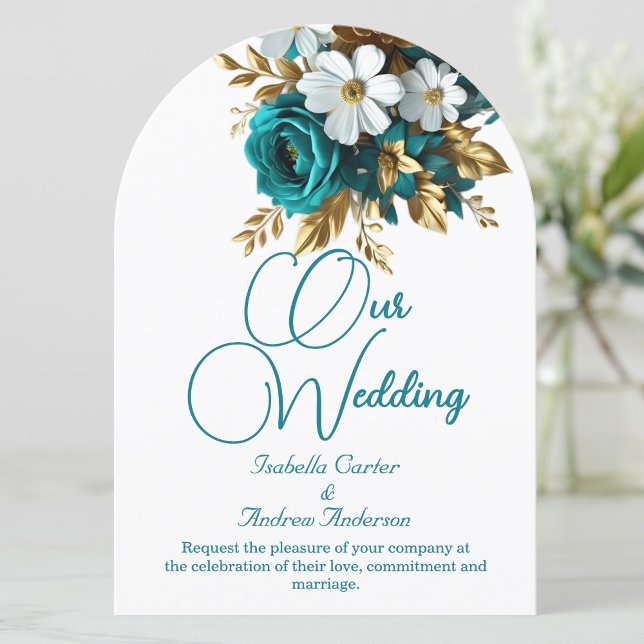 Elegant bröllop Ornate Teal White Guld Flowers Inbjudningar (Skapare uppladdad)