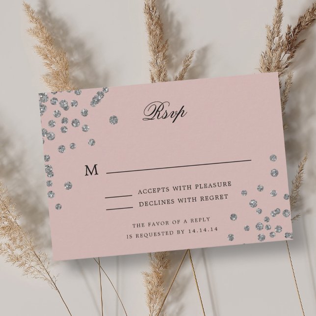 Elegant Bröllop OSA Silver Konfetti  Kort (Elegant Script Wedding RSVP Silver Confetti Blush)