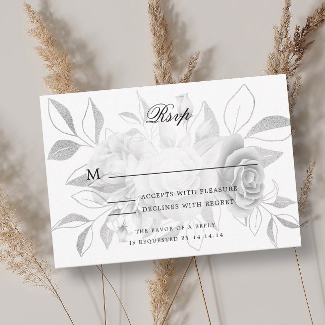 Elegant bröllop OSA Silver Vattenfärgsfärgad Blomm Kort (Elegant Wedding RSVP Silver Watercolor Floral)