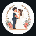 Elegant bröllop par Sticker Runt Klistermärke<br><div class="desc">Perfekt lämpad för bröllopsfixararna,  par och romantiska entusiaster. Det här klistermärket är en charmerande illustration av en brud och en groom som delar en ömtålig kyss,  med lush blommigt dekorationer för en årsdag eller firande beröring.</div>