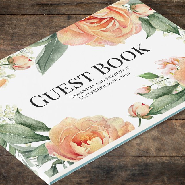 Elegant bröllop Peach Blommigt Blue Gästböcker (Elegant wedding guest book with peach floral design. )
