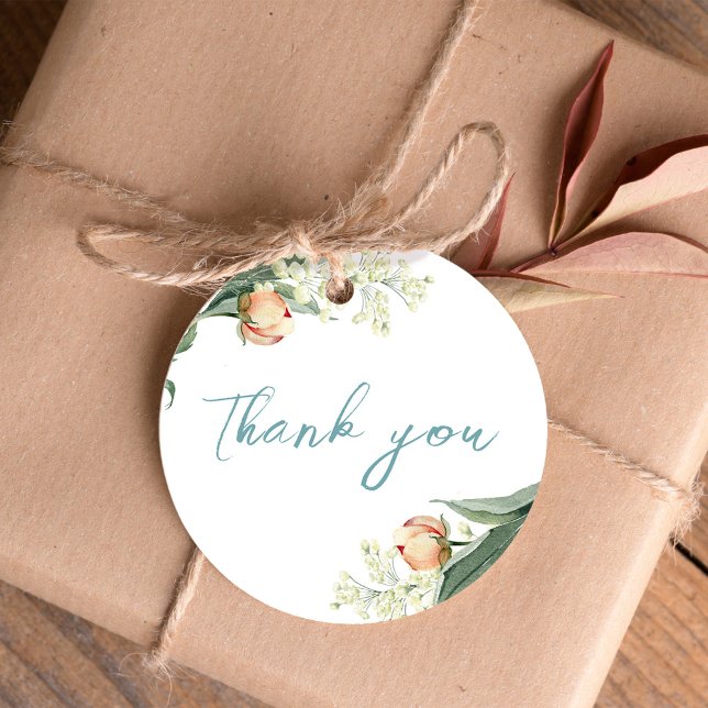 Elegant bröllop Peach Blue Blommigt Tack Gåvor Etiketter (Elegant peach floral wedding favor tag.)