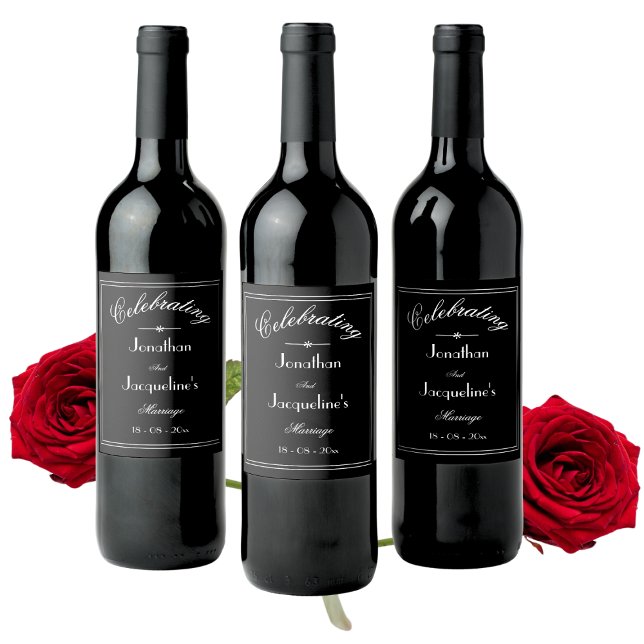 ELEGANT BRÖLLOP PERSONLIG NAMN CHIC B & W VINFLASKA ETIKETT (Chic, Elegant Marriage Celebration Wine Bottle Labels.)