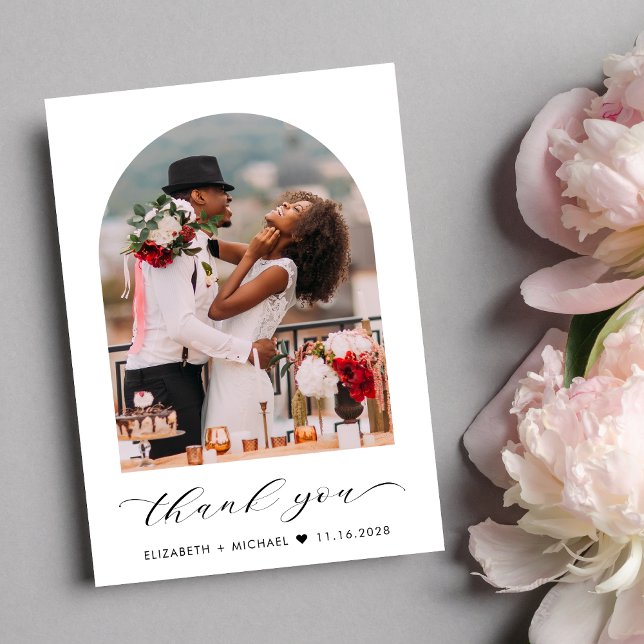 Elegant bröllop Photo Arch Tack Kort (Celebrate your love story with a thank you card showcasing your photo in an elegant arch frame)